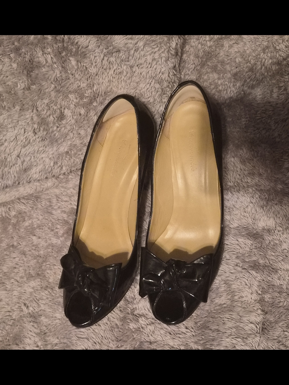Faconnable Black Patent Peep-Toe Pumps with Bow